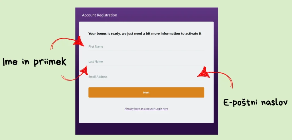Ime in e-poštni naslov v igralnici