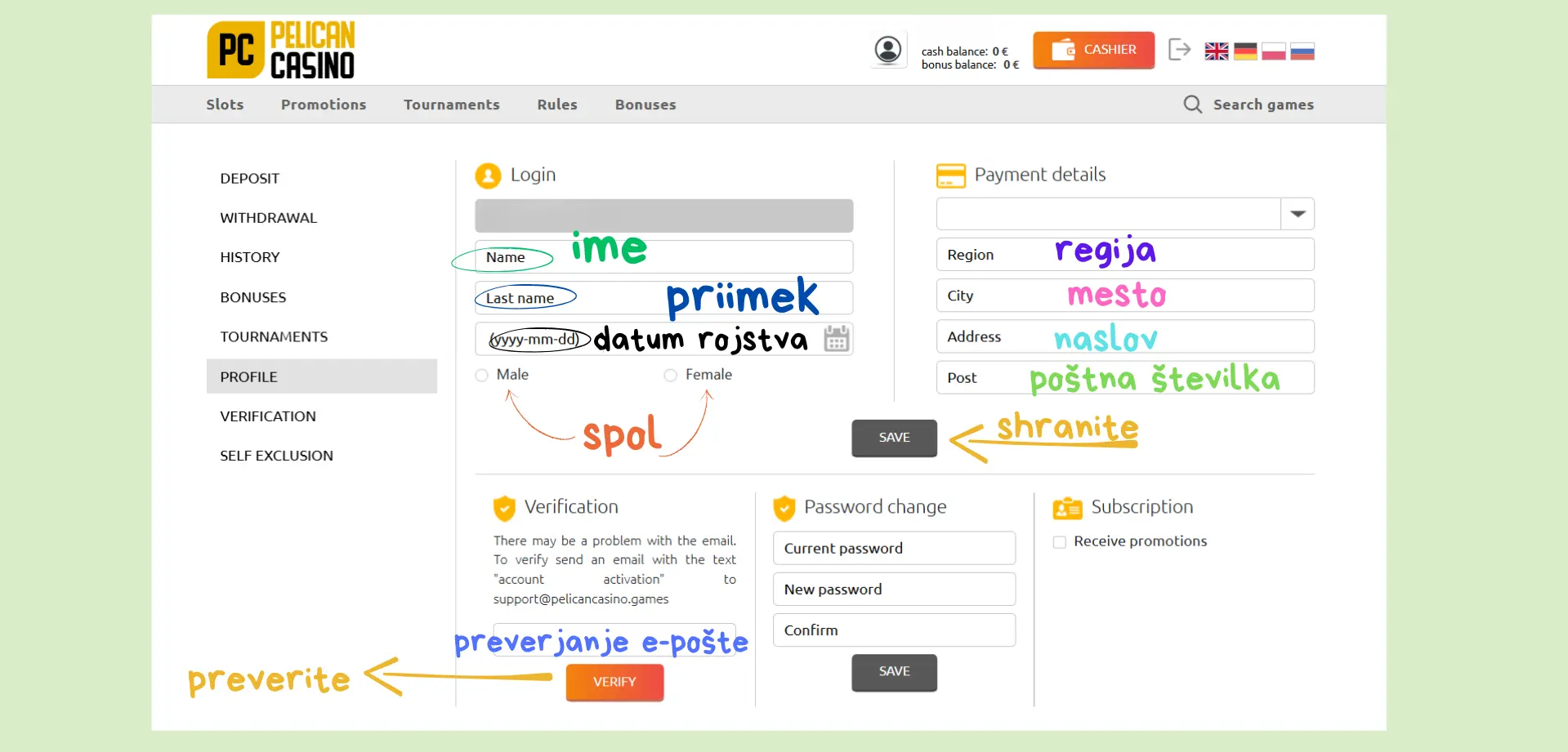 Izpolnjevanje osebnih podatkov Pelican Casino