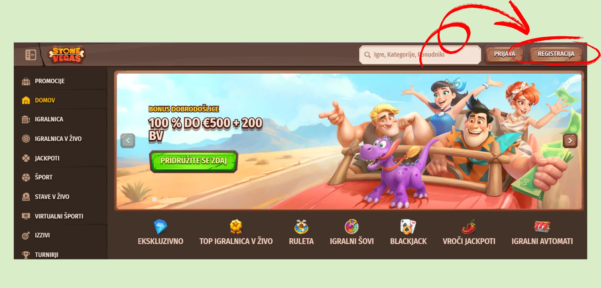 StoneVegas kliknite na gumb “Registracija”