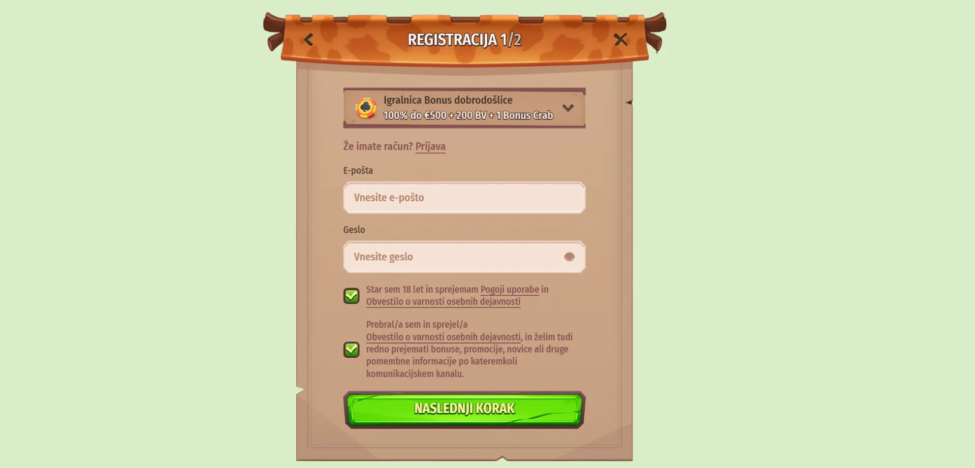 StoneVegas vnesite svoje podatke