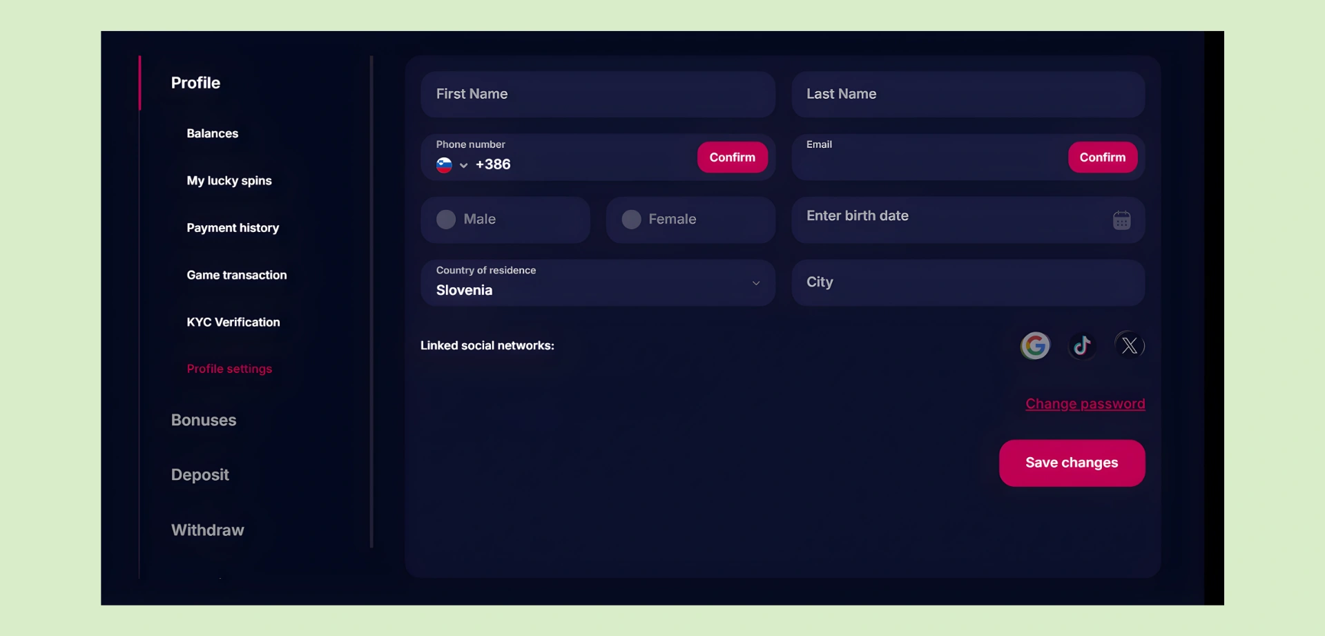 NV Casino dopolnitev profila