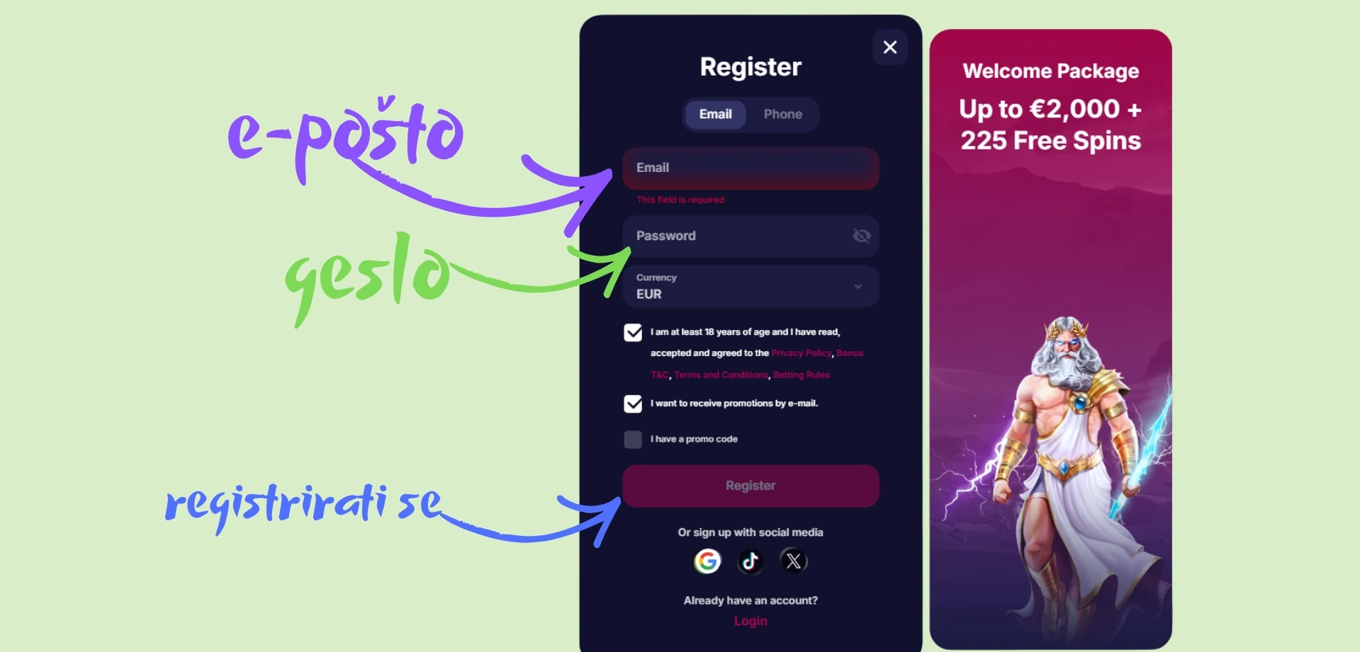 NV Casino izpolnitev obrazca