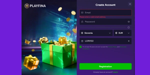 Playfina Casino registracija in kodo LORI150