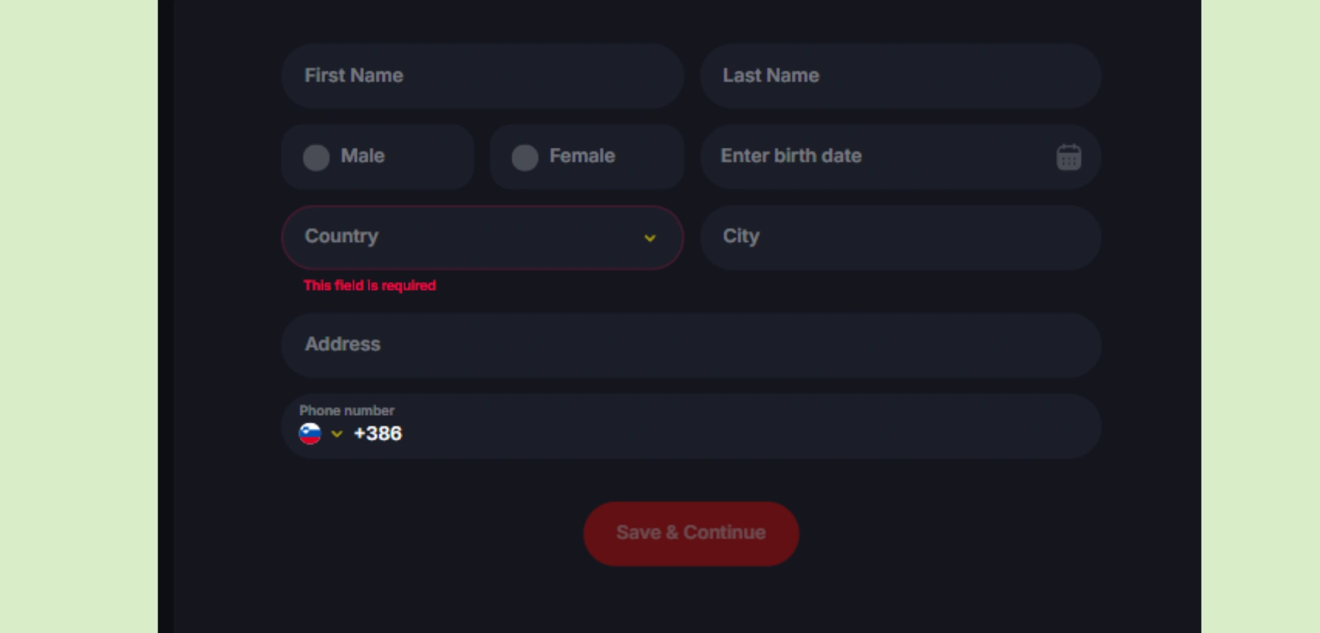 YEP Casino dodajanje osebnih podatkov