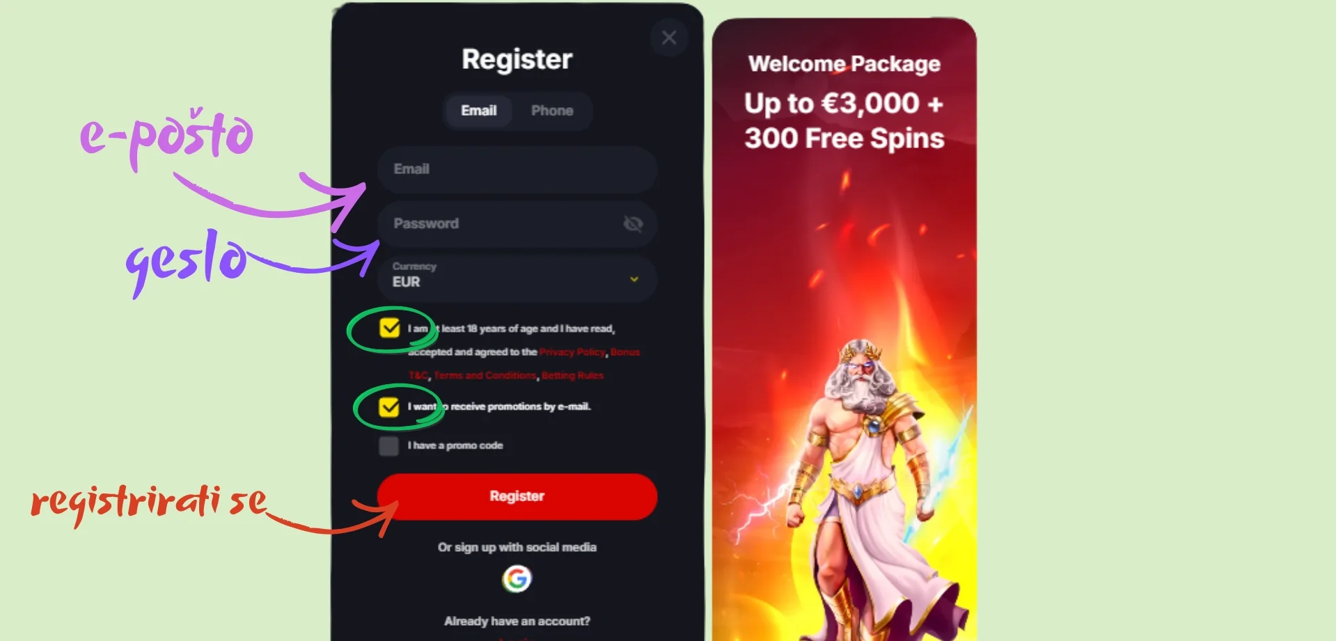 YEP vnos podatkov za registracijo