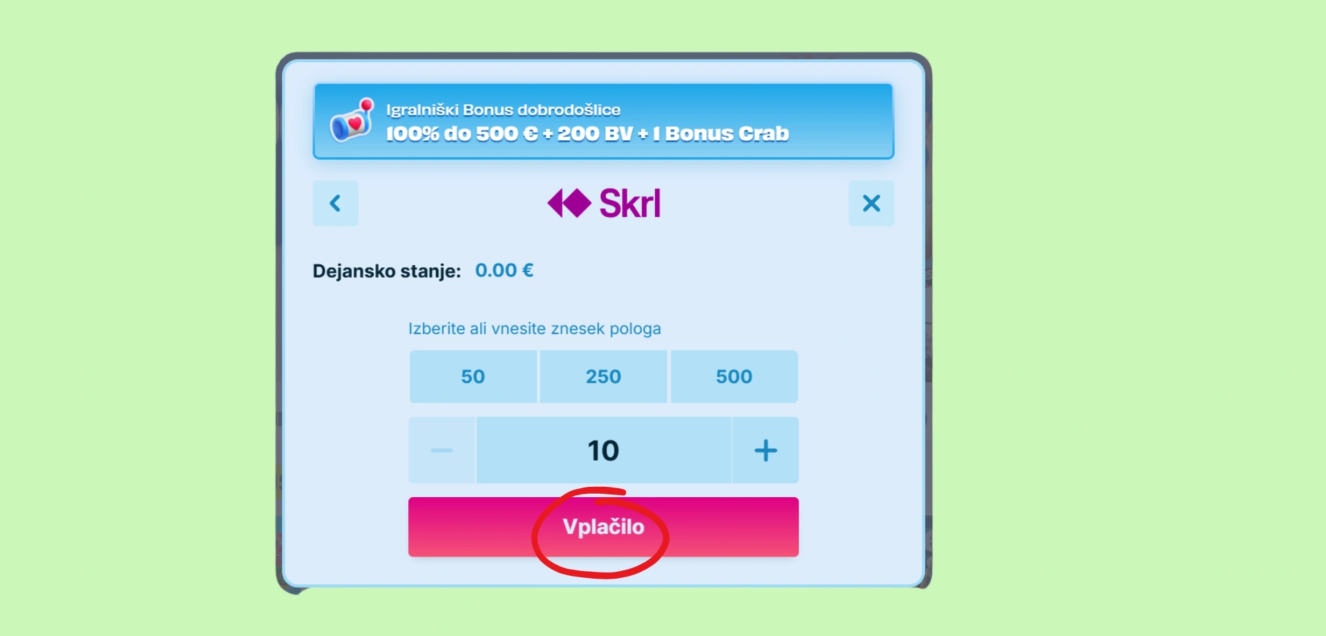 Vnos zneska v igralnici