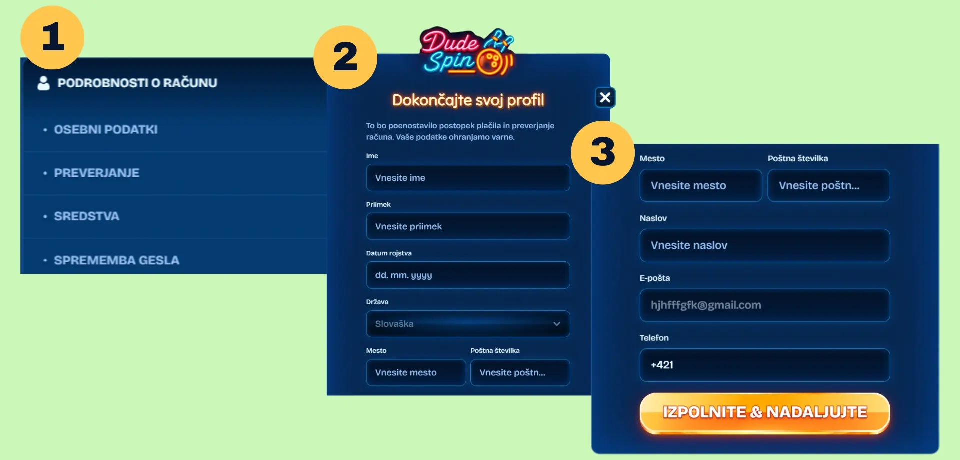 DudeSpin podrobnosti o računu