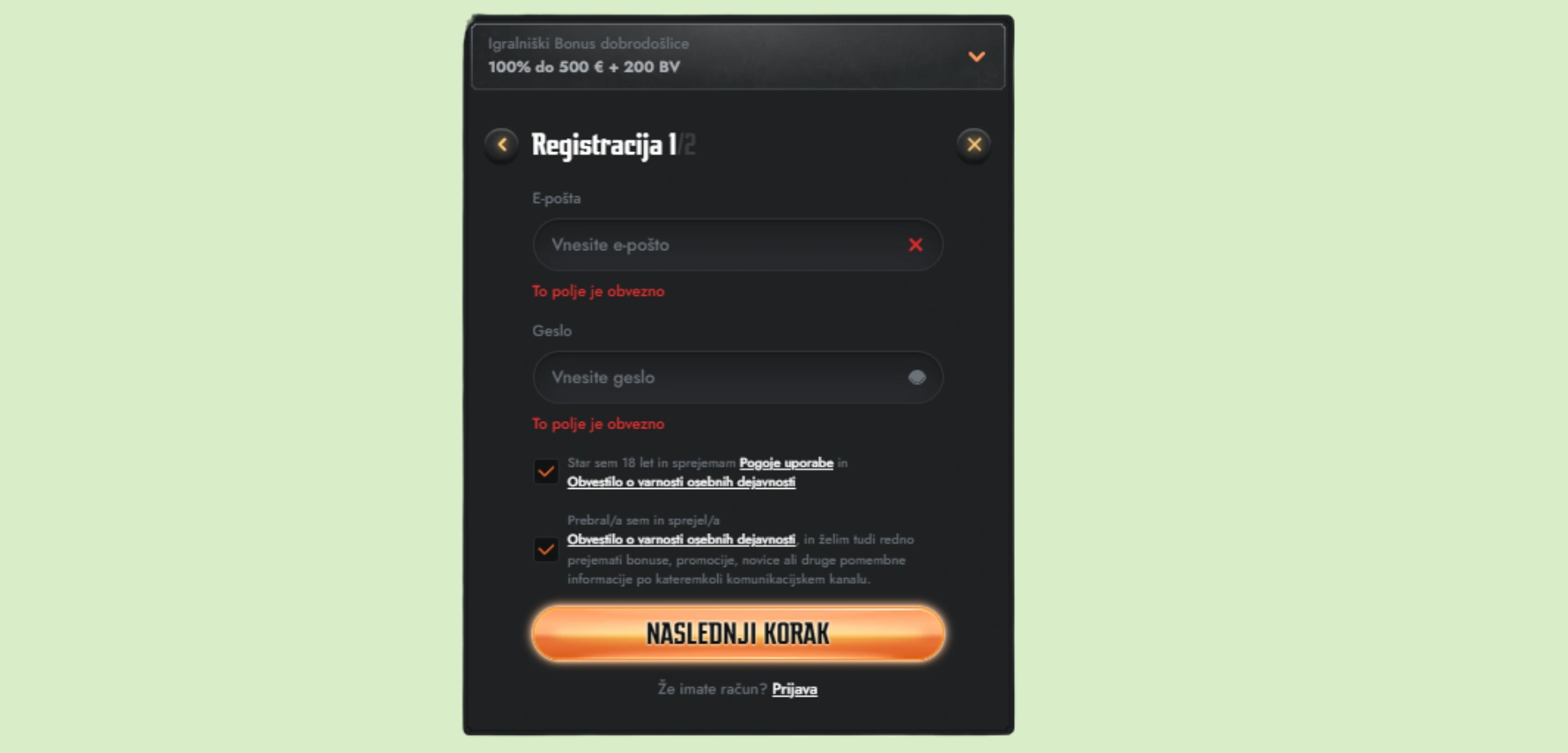 Gransino izpolnjevanje osebnih podatkov