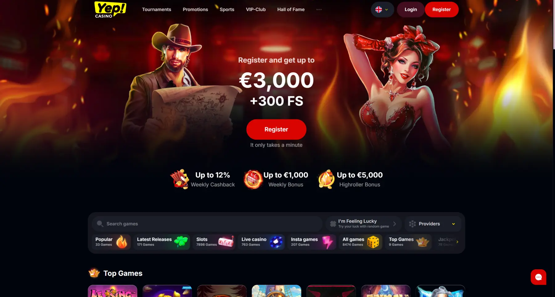 YEP Casino homepage in igralniška ponudba