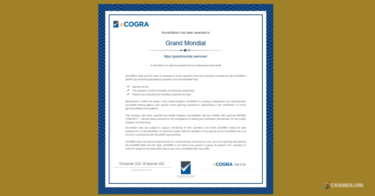 Grand Mondial Casino eCOGRA cetifikat