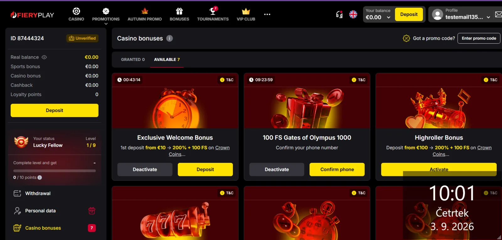 Aktiviran FieryPlay bonus LORI100 s 100 brezplačnimi vrtljaji za Gates of Olympus 1000