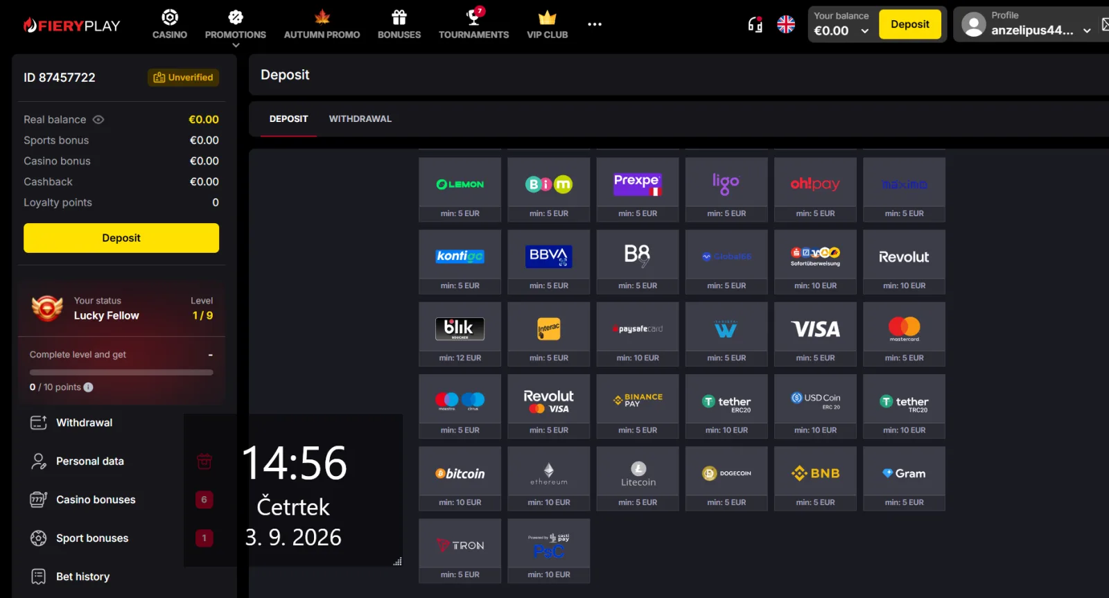 Načini in najmanjši zneski izplačil v FieryPlay Casino