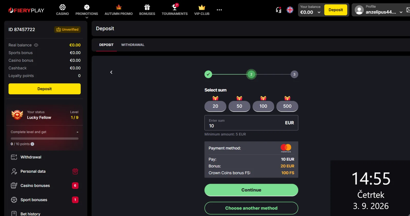 Polog 10 € z Mastercard v blagajni FieryPlay Casino