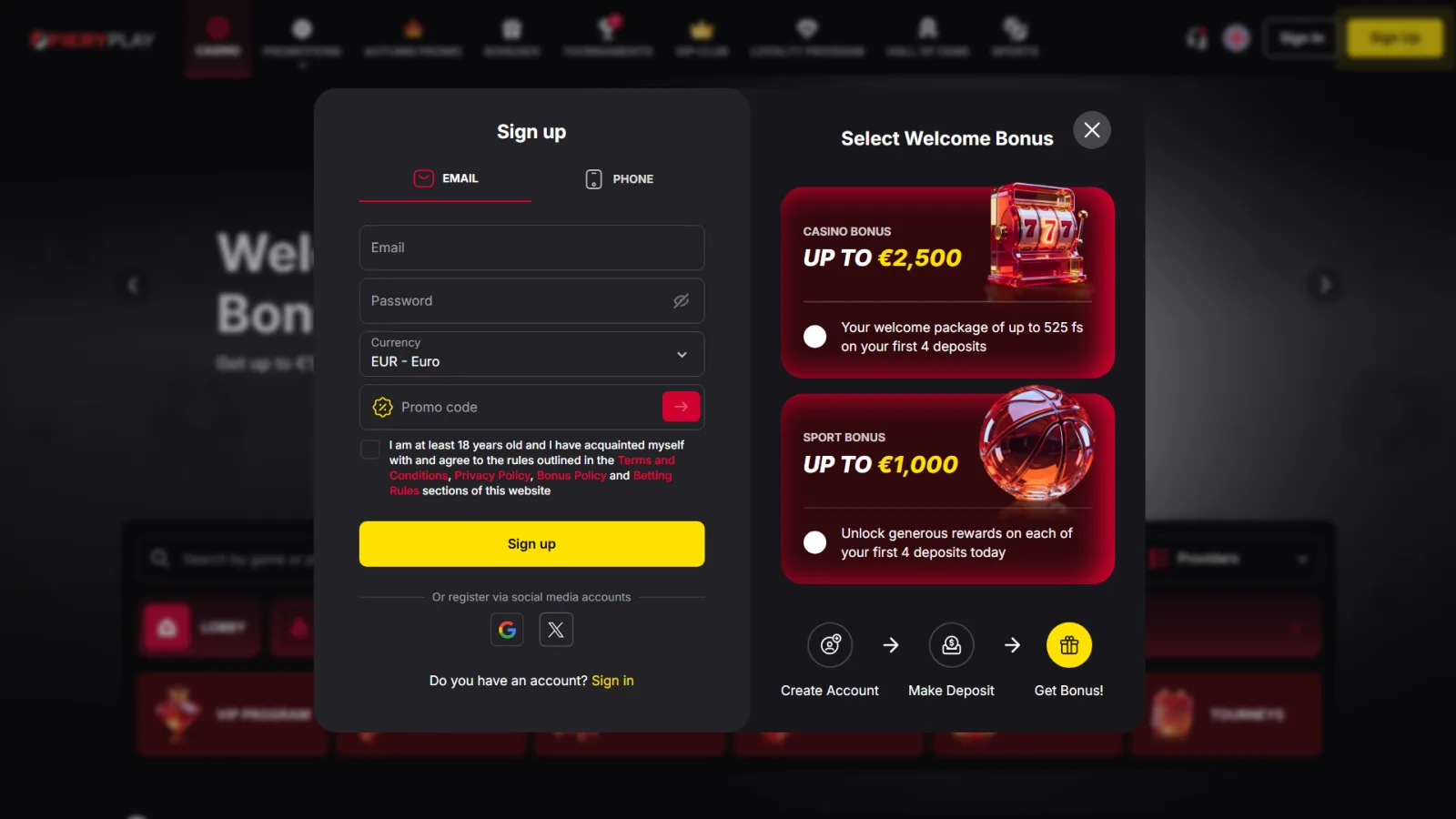 Registracijski obrazec FieryPlay Casino z izbiro casino ali športnega bonusa