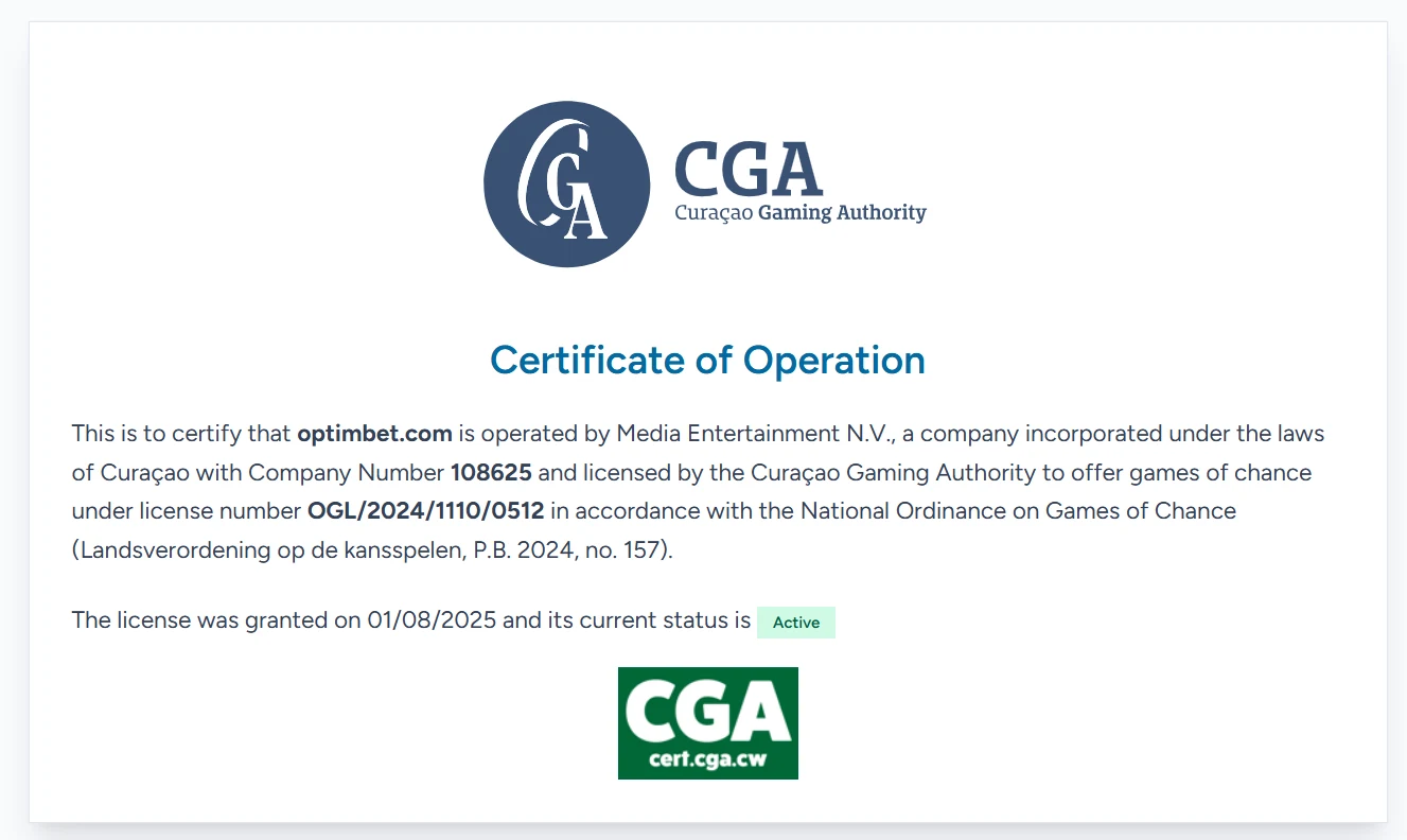Uradno potrdilo Curaçao Gaming Authority za optimbet.com z aktivno licenco OGL/2024/1110/0512