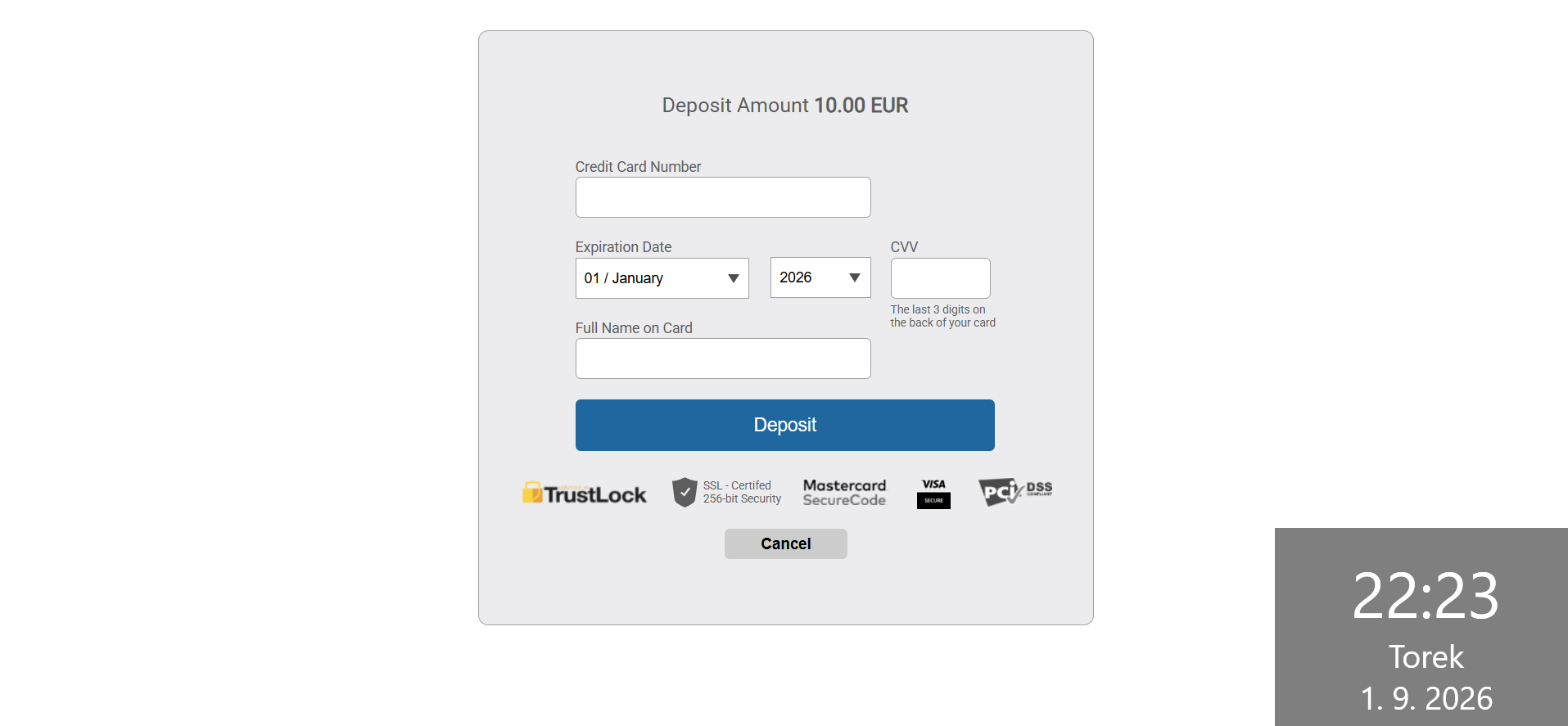 Obrazec za kartični polog 10 € med testom OptimBet Casino