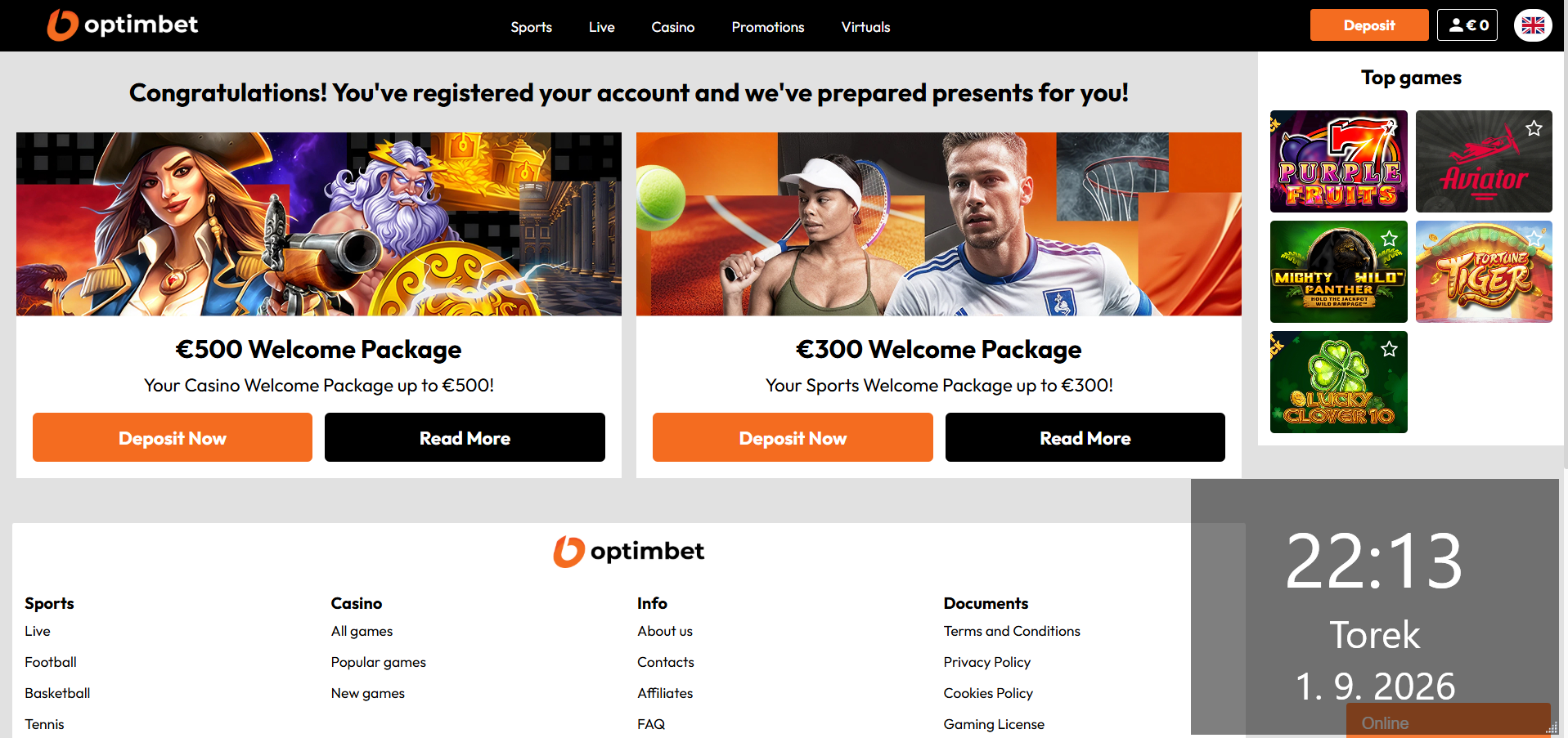 Izbira med casino in športnim bonusom po registraciji v OptimBet